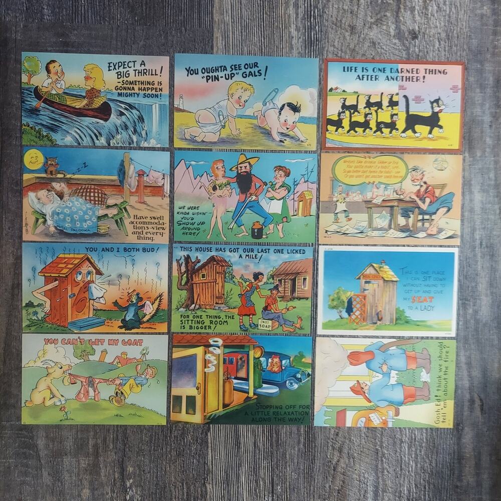 Vintage Asheville Post Card Company Outhouse Hillbilly Comic Linen Lot 12 Count